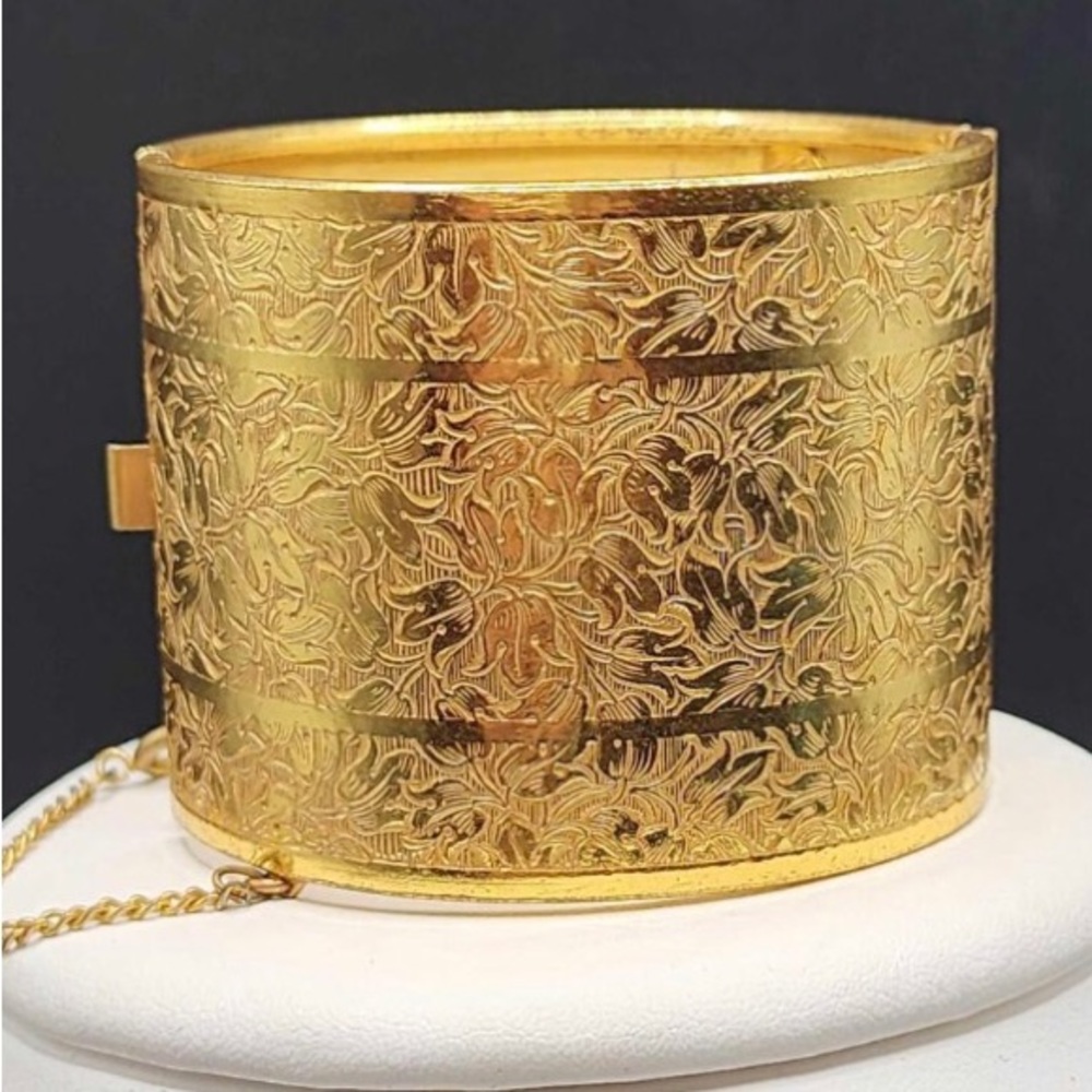 MIRIAM HASKELL 2” wide gold tone floral damask embossed, signed.